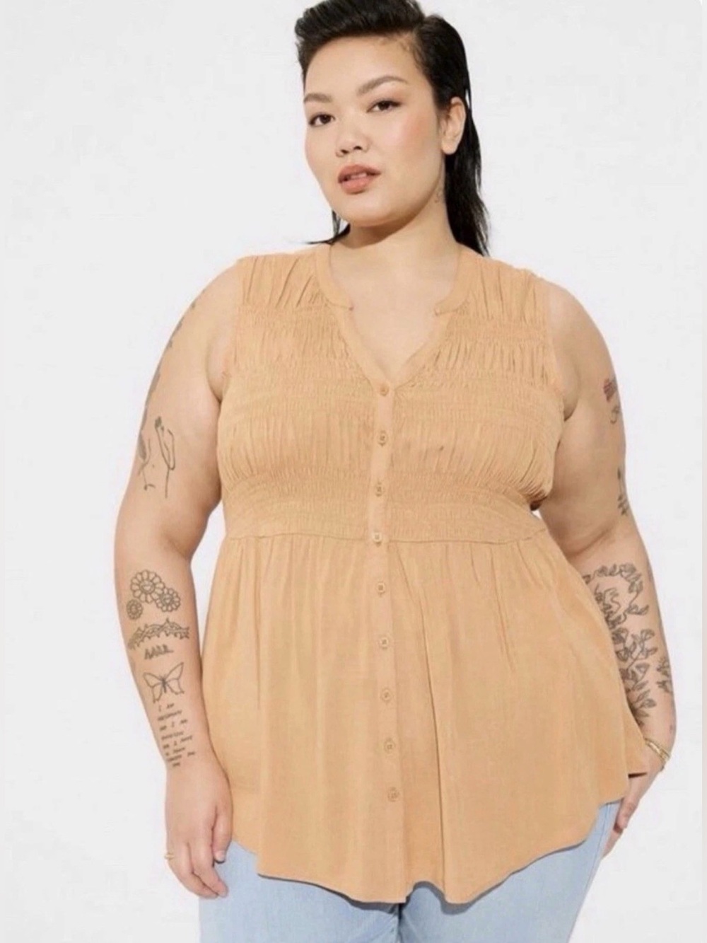 Torrid Rayon Slub Smocked Sleeveless Button-Up tunic top Size 00 M/L